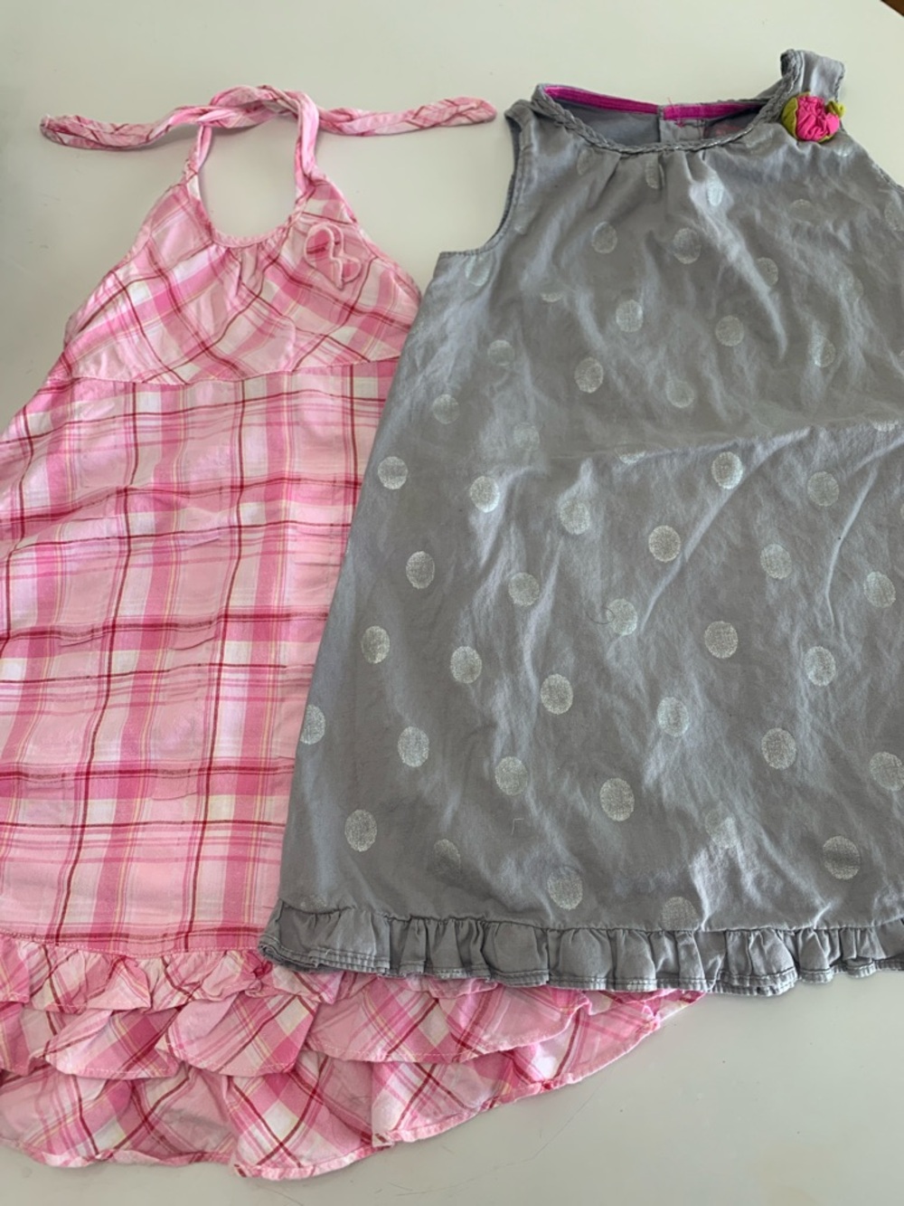 Girls 4T Sundress Bundle 100% cotton Pink Plaid & Gray Polka Dot w/ ruffles